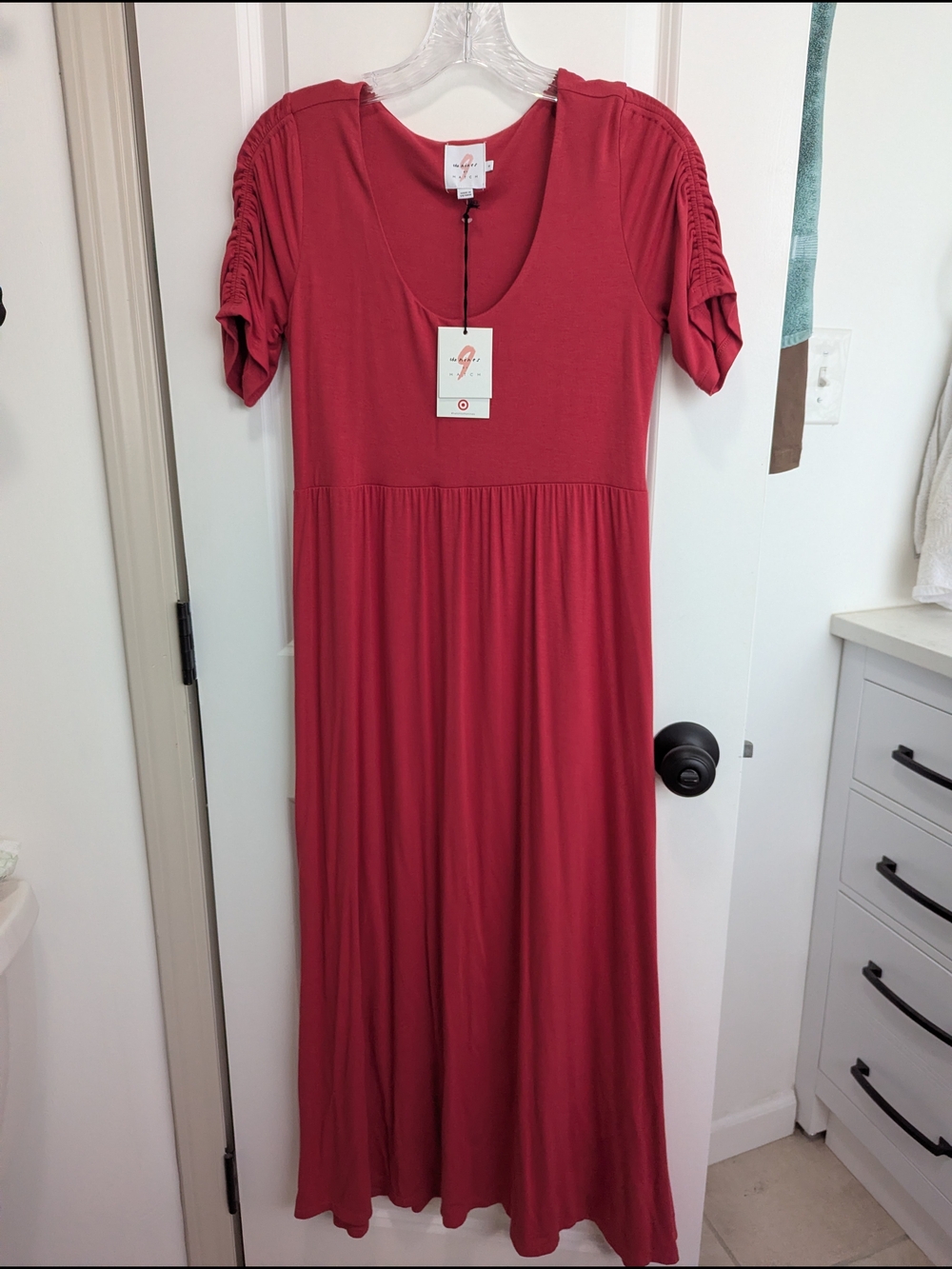 NWT Berry Pink Maxi Maternity Dress with Ruched Short Sleeves